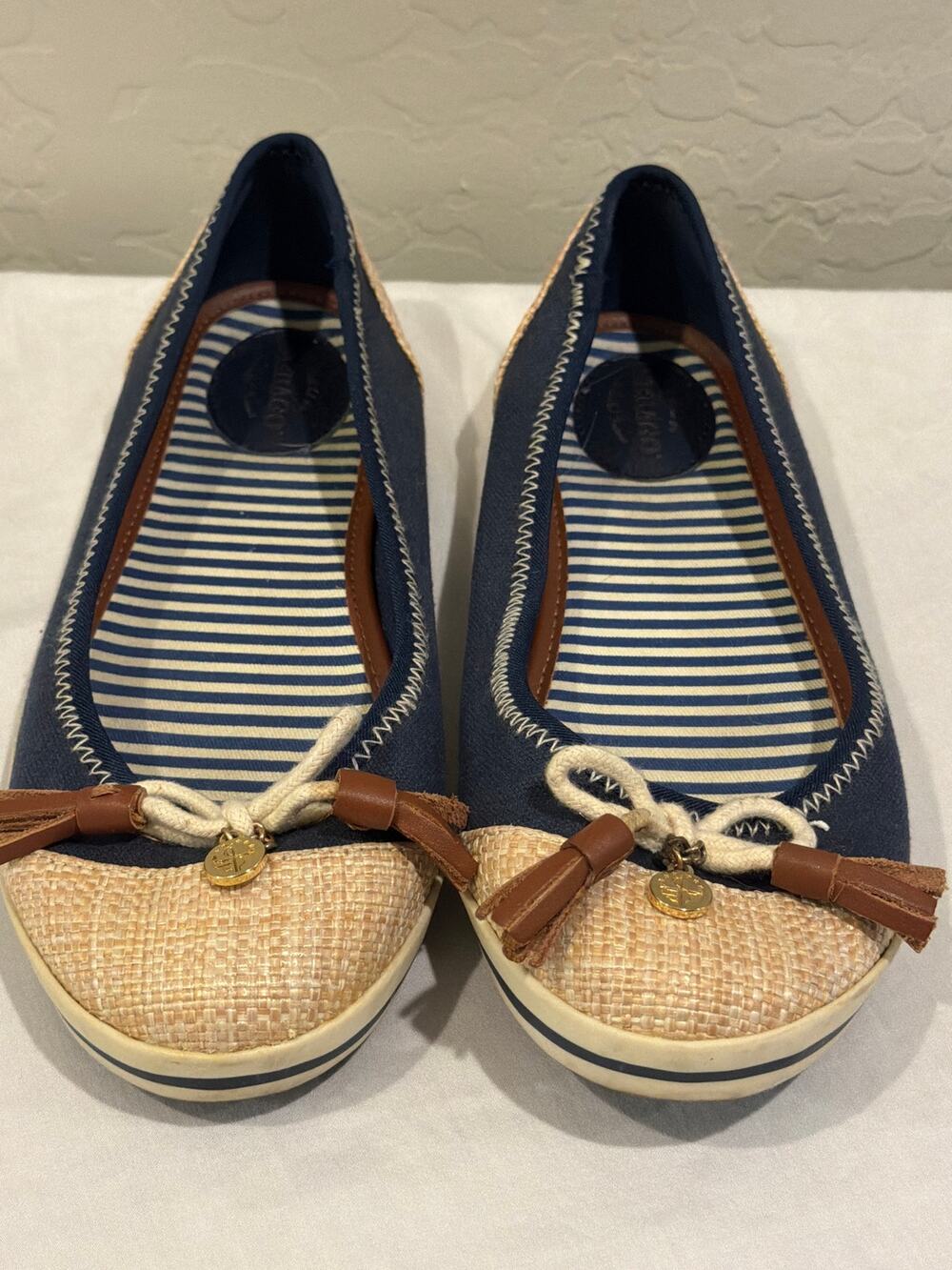 Sebago Womens Ballet Flats Size 8 Navy Raffia Cap Toe Nautical Bow Comfort